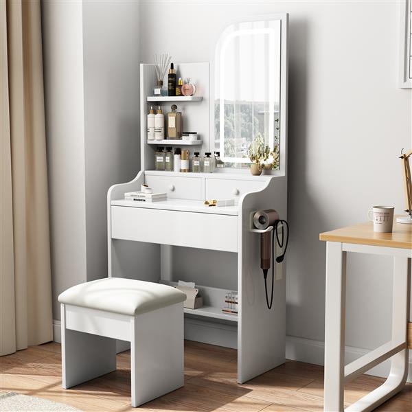 Fashion Vanity Desk with Mirror and Lights for Makeup with hair dryer holder and Chair, Vanity Mirror with Lights and Table Set with 3 Color Lighting Brightness Adjustable, 3 Drawers, White Color