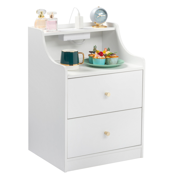 FCH White particleboard with triamine Matt gold tapered handle 45*35*63cm 2 drawers with compartments Bedside table 1 wireless + 2 USB ports + 2 US standard three-pin ports