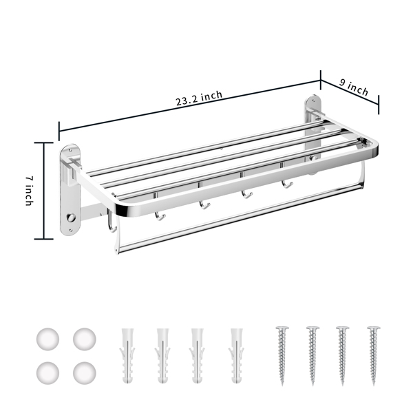 Bathroom Towel Rack Wall Mounted with Towel Bar and 5 Hooks,SUS304 Stainless Steel 24" Foldable Towel Shelf Holder Hanger for Lavatory Apartment Modern Organizer,Sliver