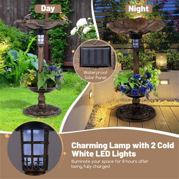 Bronze Standing Pedestal Birdbath and Feeder Combo with Solar Powered Lamp