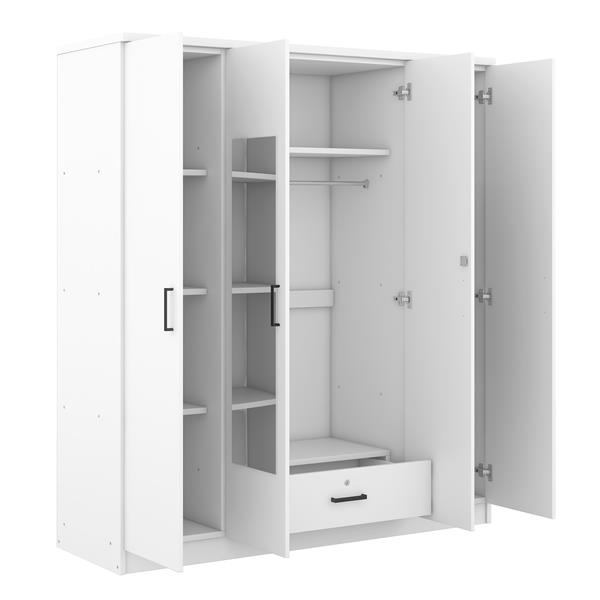 4-Door Mirror Wardrobe with shelves, White