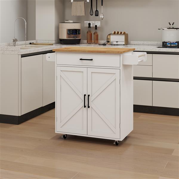 Kitchen island rolling trolley cart with Adjustable Shelves & towel rack & seasoning rack rubber wood table top-White