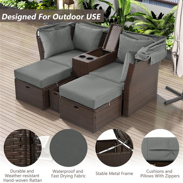 2-Seater Outdoor Patio Daybed Outdoor Double Daybed Outdoor Loveseat Sofa Set with Foldable Awning and Cushions for Garden, Balcony, Poolside, Grey