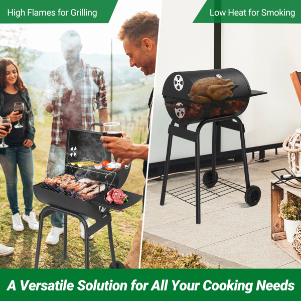 Charcoal Grills Outdoor BBQ Grill, Barrel Charcoal Grill with Side Table and Wheels, for Outdoor Backyard Camping Picnics Patio and Parties