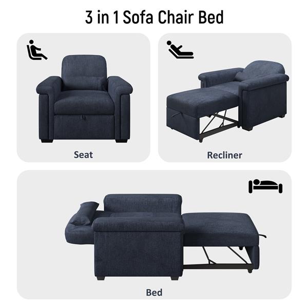 3 in 1 Convertible Sleeper Chair Sofa Bed Pull Out Couch Adjustable Chair with Pillow, Adjust Backrest into a Sofa, Lounger Chair, Single Bed or Living Room or Apartment, Dark Blue