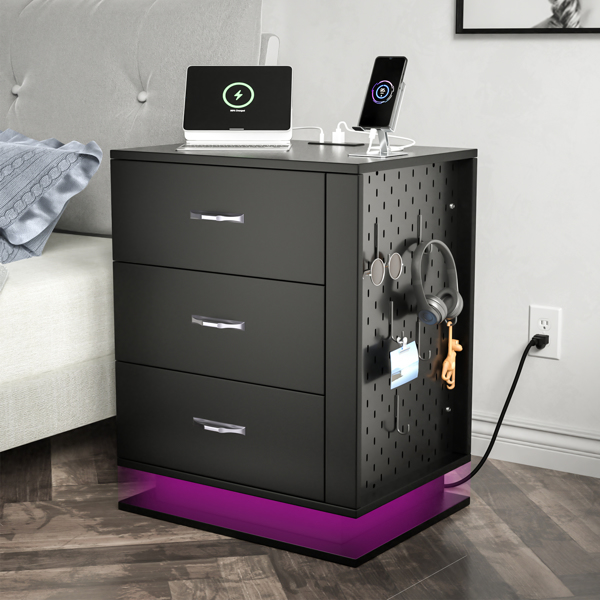 RGB LED With with Charging Station and USB Ports 3 Drawer Side Cabinet Bedside Table Nightstand Left Side Black