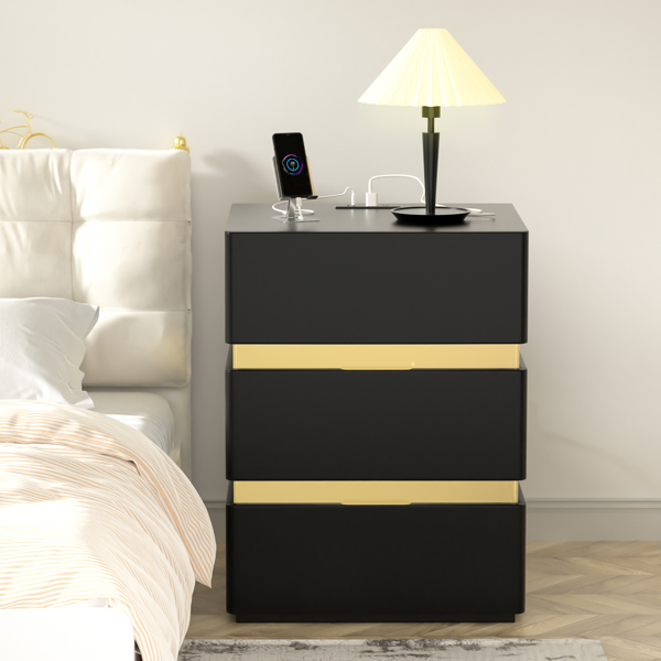 RGB LED With with Charging Station and USB Ports 3 Drawer Side Cabinet Bedside Table Nightstand BLACK