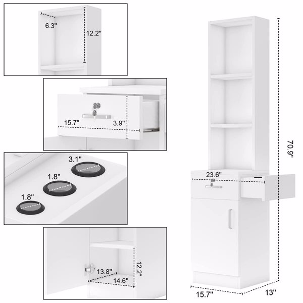 Barber Salon Work Station for Hair Stylist Locking Salon Equipment Barber Supplies Organizer Cabinet Barbershop Furniture w/Appliance Holders(White)