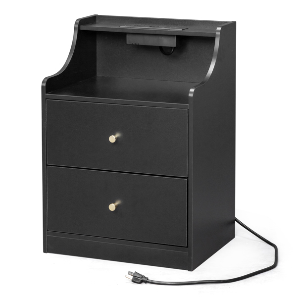 FCH black particle board with triamine matt gold tapered handle 45*35*63cm two drawers with compartments bedside table 1 wireless + 2 USB ports + 2 US standard three-plug ports