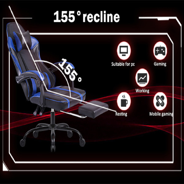 Video Game Chairs for Adults, PU Leather Gaming Chair with Footrest, 360°Swivel Adjustable Lumbar Pillow Gamer Chair, Comfortable Computer Chair for Heavy People, Blue