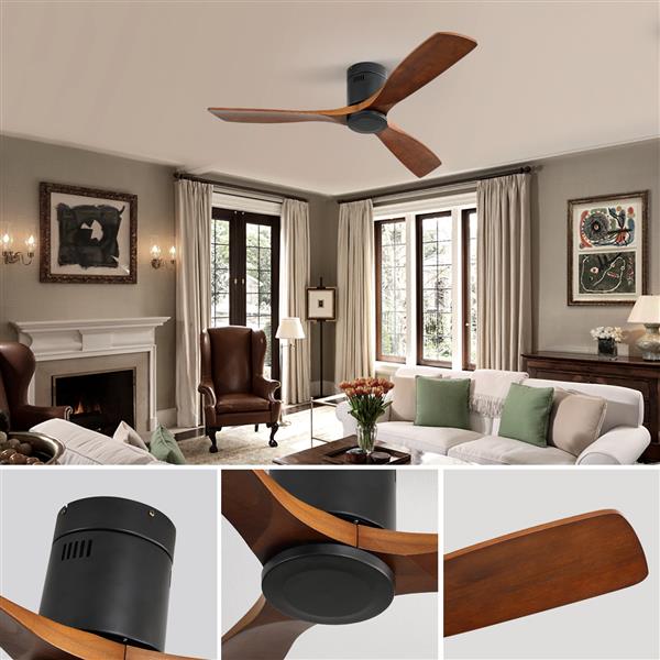 52 Inch Indoor Wooden Ceiling Fan With 3 Solid Wood Blades Remote Control Reversible DC Motor Without Light