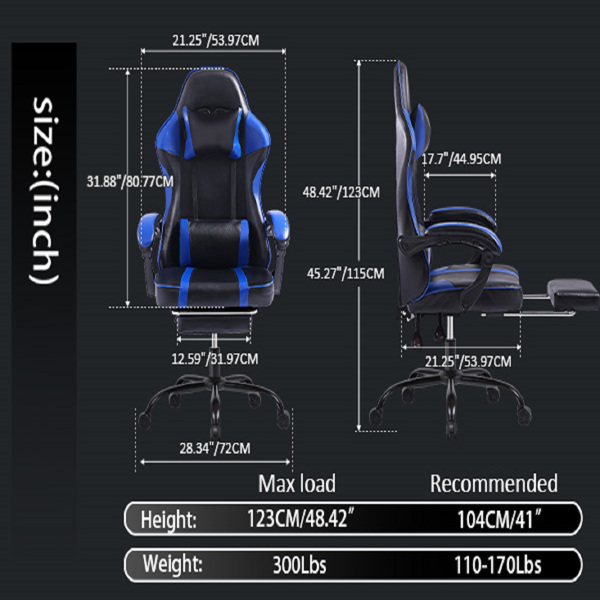 Video Game Chairs for Adults, PU Leather Gaming Chair with Footrest, 360°Swivel Adjustable Lumbar Pillow Gamer Chair, Comfortable Computer Chair for Heavy People, Blue