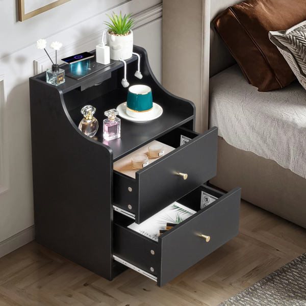 FCH black particle board with triamine matt gold tapered handle 45*35*63cm two drawers with compartments bedside table 1 wireless + 2 USB ports + 2 US standard three-plug ports