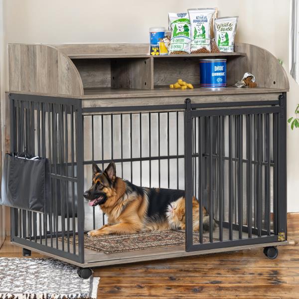 44'' Heavy Duty Large Dog Crate Furniture for Large Medium Dog with Lockable Wheels, Wooden Dog Crate Dog Kennel, End Table Crate with Double layer storage, Gray