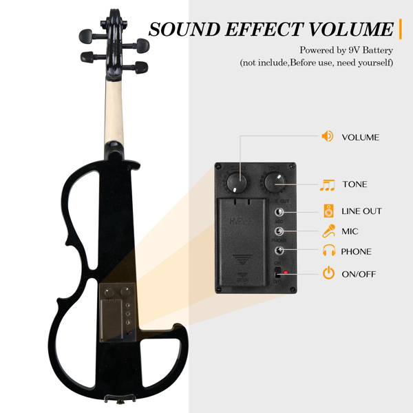 Full Size 4/4 Bunnel Edge Electric Silent Violin with Case Bow Rosin Headphone Connecting Line Black