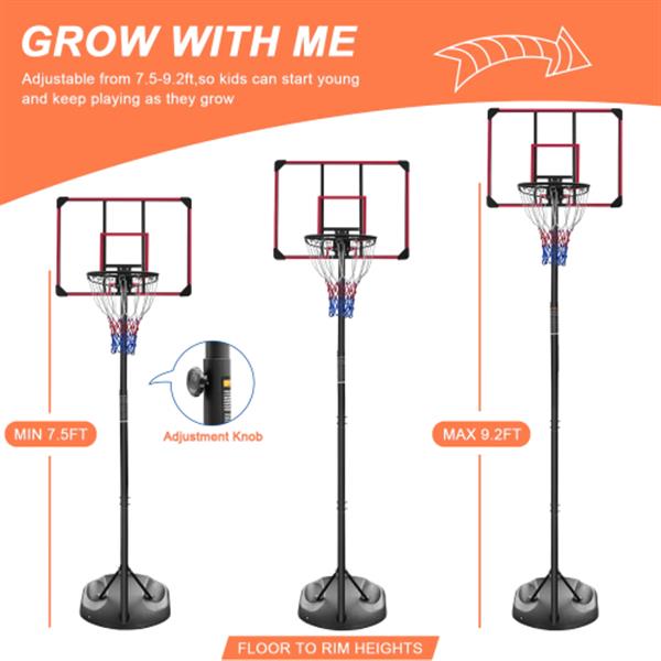 Portable Basketball Hoop Adjustable 7.5ft - 9.2ft with 32 Inch Backboard for Youth Adults Indoor Outdoor Basketball Goal Red