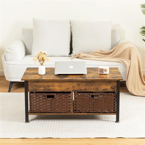 Metal coffee table,desk,with a lifting table,and hidden storage space.There were two removable wicker baskets that could be placed in any space such as the living room,color:brown with fire wood grain