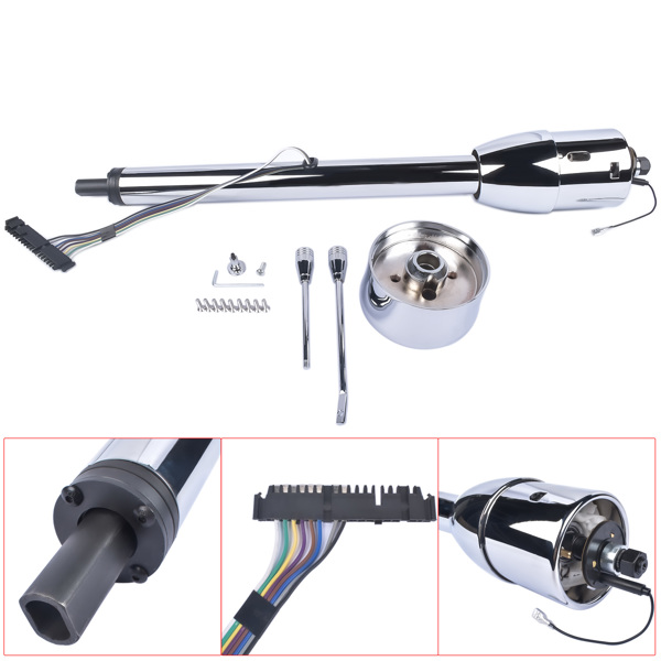 28" Chrome Tilt Street Rod Floor Shift Steering Column with Wheel Adapter No Key