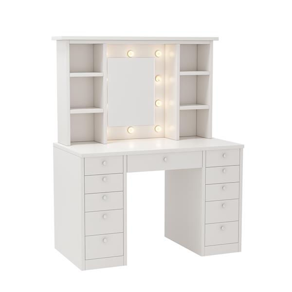 Vanity Desk with LED Lighted Mirror, Makeup Vanity  with 11Drawers, 3 Color Lighting Modes Brightness Adjustable, Hidden Wiring, Dressing Table for Bedroom, White