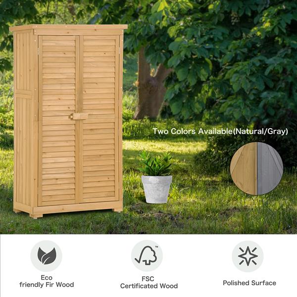 Wooden Garden Shed 3-tier Patio Storage Cabinet Outdoor Organizer Wooden Lockers with Fir Wood (Natural Wood Color -Shutter Design)