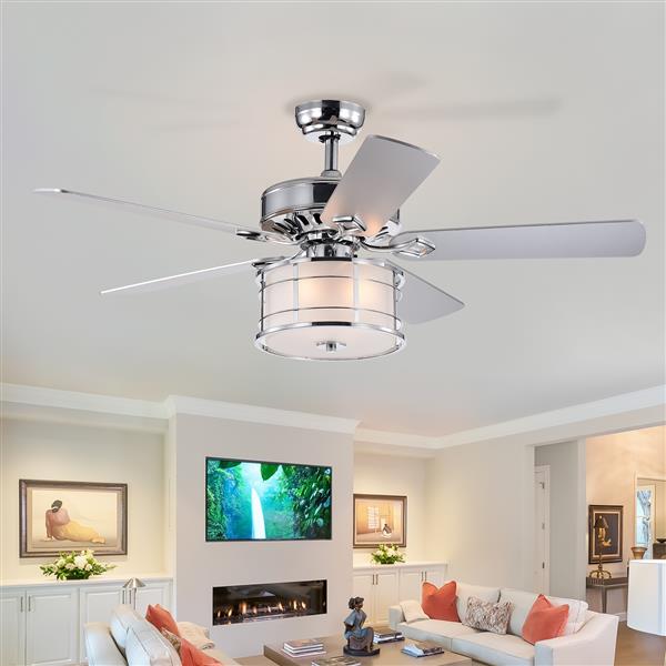 52" 3-Light Chrome Drum Shade LED Ceiling Fan + Remote, Traditional Farmhouse Rustic Industrial Bohemian Country Cottage Transitional Glam for Home, Kitchen, Living Room