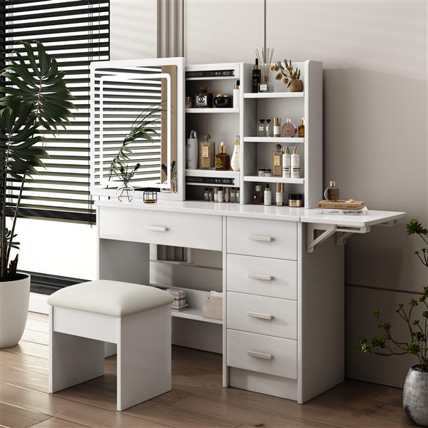 Fashion Vanity Desk with Mirror and Lights for Makeup with open shelves and Chair, Vanity Mirror with Lights and Table Set with 3 Color Lighting Brightness Adjustable, 5 Drawers, White Color