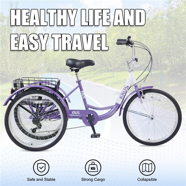 Adult Tricycle Trikes,3-Wheel Bikes,24 Inch Wheels 7 Speed Cruiser Bicycles with Large Shopping Basket for Women and Men