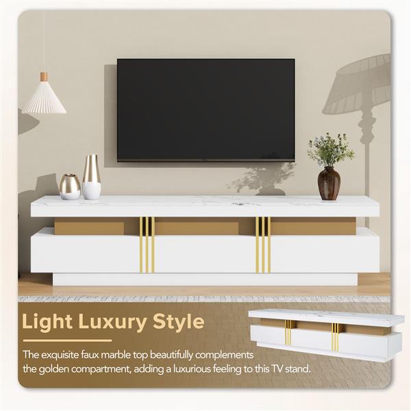 ON-TREND Luxury TV Stand with High Gloss Faux Marble Top for TVs Up to 78'', Rectangle Media Console with Golden Panel Design, Practical Entertainment Center with 3 Drawers for Living Room, White