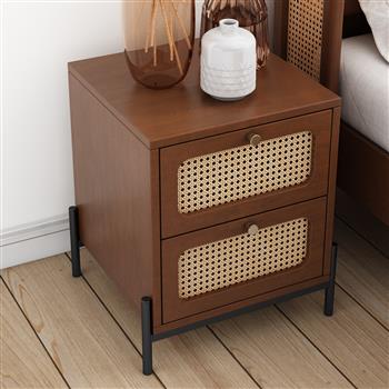 Modern Cannage Rattan Wood Closet 2-Drawer Side Table End Table Nightstand for Bedroom, Living Room, Entryway, Hallway, Walnut