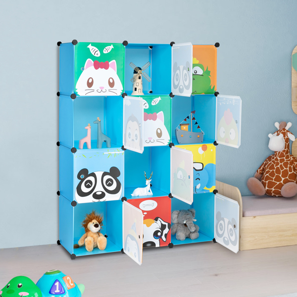 4-Layer 12-Grid 2-Hanging Rod Magic Cube Wardrobe, Plastic + Steel Wire Material with Animal Pattern, Pattern Door Blue Cabinet