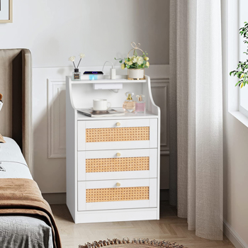 FCH white particleboard with triamine matt gold tapered handle 45*35*73cm rattan three drawers with compartments bedside table 1 wireless + 2 USB ports + 2 US standard three-plug ports