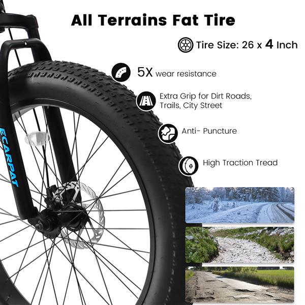 26 Inch Fat Tires Mountain Bike, 4-Inch Wide Wheel, 21-Speed Disc Brakes, Mens Womens Trail Beach Snow Commuter City Mountain Bike, Carbon Steel Frame Front Fork Bicycles