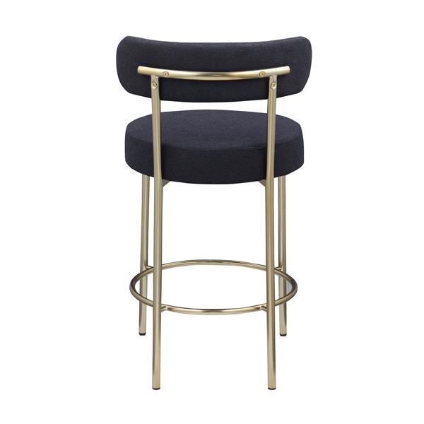 Modern Sherpa Counter Height Stools Set of 2, Uphsoltered 26" Seat Height Barstools with Brushed Brass Metal Legs Round Low Back Kitchen Stools with Footrest for Dining Room, Black