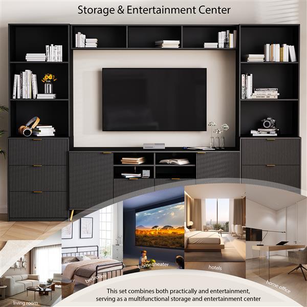 4-Piece Entertainment Wall Unit with 13 shelves,8 Drawers and 2 Cabinets, Multifunctional TV Stand Media Storage Cabinet with Fluted Line Surface for Living Room, for TVs Up to 70"