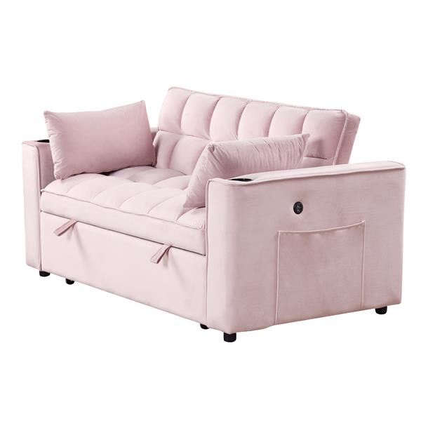 55.3" 4-1 Multi-functional Sofa Bed with Cup Holder and USB Port for Living Room or Apartments Pink