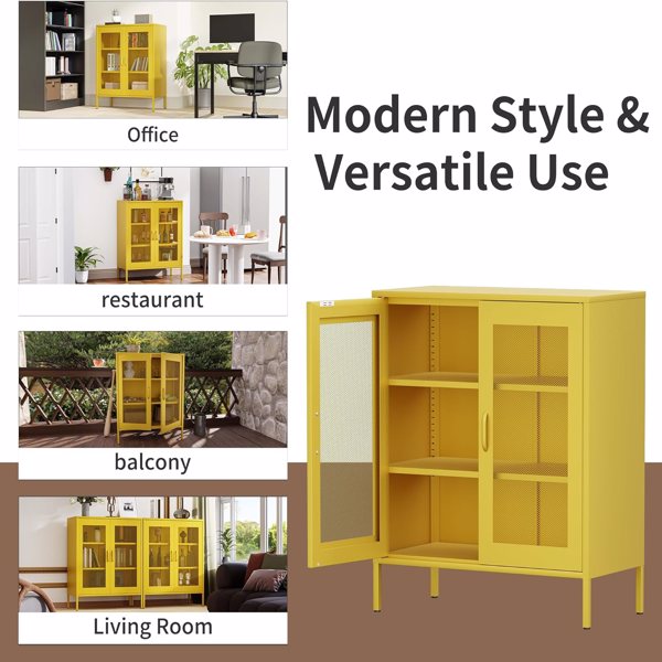  Metal Storage Cabinet with Mesh Doors, Liquor Cabinet with Adjustable Shelves for Kitchen,  Living Room, Home Office, yellow