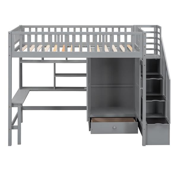 Twin size Loft Bed with Bookshelf,Drawers,Desk,and Wardrobe-Gray