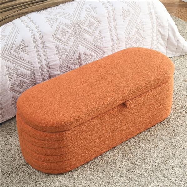 [Video]  Length 45.5 inchesStorage Bench Upholstered Fabric Storage Bench End of Bed Stool with Safety Hinge for Bedroom, Living Room, Entryway, orange teddy.