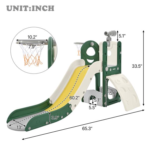 Kids Slide Playset Structure 5 in 1,   Spaceship Set with Slide, Telescope and Basketball Hoop, Golf Holes for Toddlers, Kids Climbers Playground