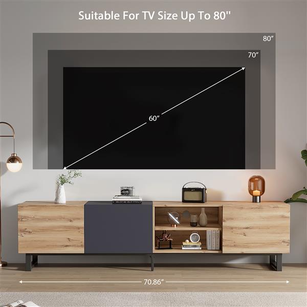 Modern TV with 3 Cabinets& Open Shelves, Color-matching Media Console Table for TVs up to 80'', Entertainment Center with Drop Down Door for Living Room, Bedroom, Home Theatre