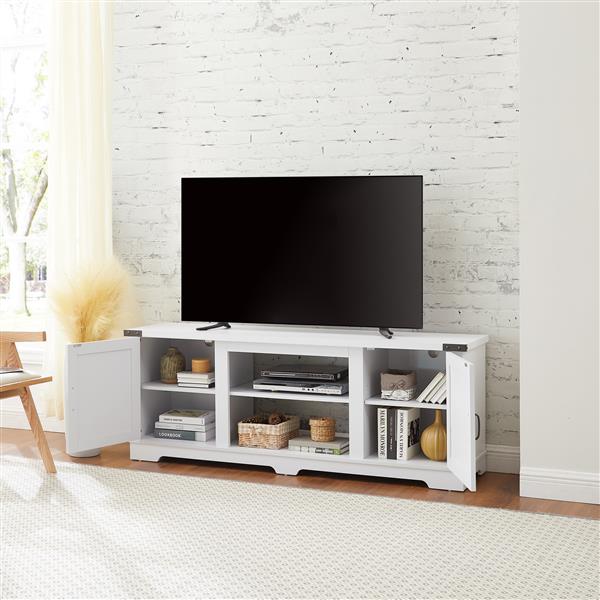 Modern Farmhouse TV Media Stand, Large Barn Inspired Home Entertainment Console, for TV Up to 70'', with Open Shelves and Closed Cabinets, White, 64.8"W*15.67"D*24.29"H