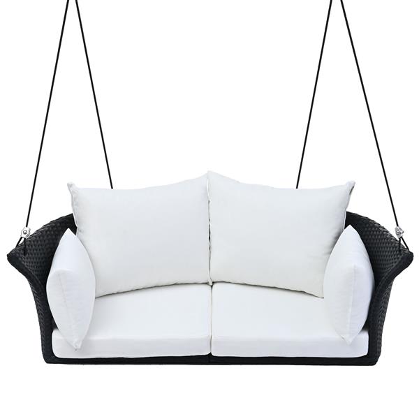 51.9" 2-Person Hanging Seat, Rattan Woven Swing Chair, Porch Swing With Ropes, Black Wicker And White Cushion