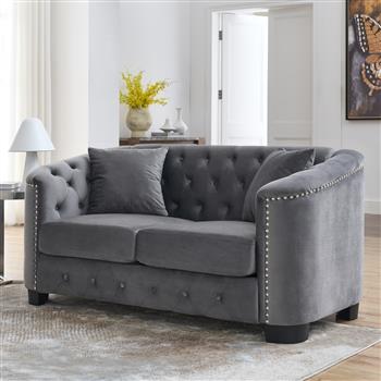 59-Inch Modern Chesterfield Velvet Sofa, 2-Seater Sofa, Upholstered Tufted Backrests with Nailhead Arms and 2 Cushions for Living Room, Bedroom, Apartment, Office (Grey)