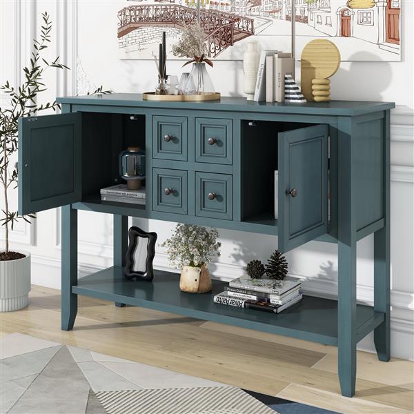 Series  Ample Storage Vintage Console Table with Four Small Drawers and Bottom Shelf for Living Rooms, Entrances and Kitchens (Dark Blue