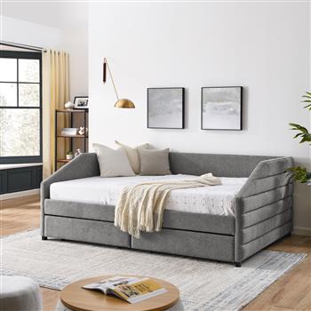 Queen Size Daybed with Two Drawers Trundle Upholstered Tufted Sofa Bed, Linen Fabric, Grey (88\\"x64.5\\"x34\\")