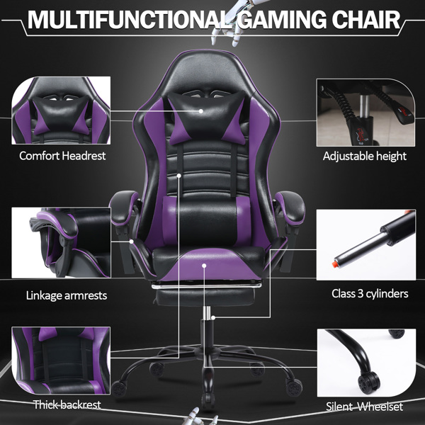 Computer Gaming Chairs with Footrest, Ergonomic Gaming Computer Chair for Adults, PU Leather Office Chair Adjustable Desk Chairs with Wheels, 360°Swivel Big and Tall Gamer Chair, Purple