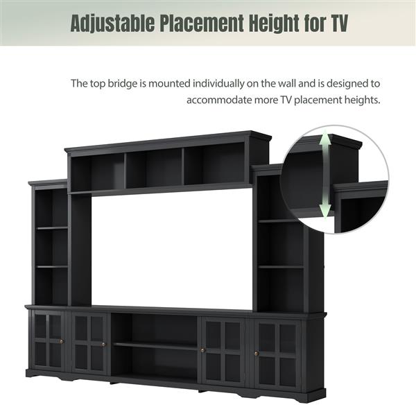 [VIDEO provided] Minimalism Entertainment Wall Unit with Bridge, Modern TV Console Table for TVs Up to 70", Multifunctional TV Stand with Tempered Glass Door, Black