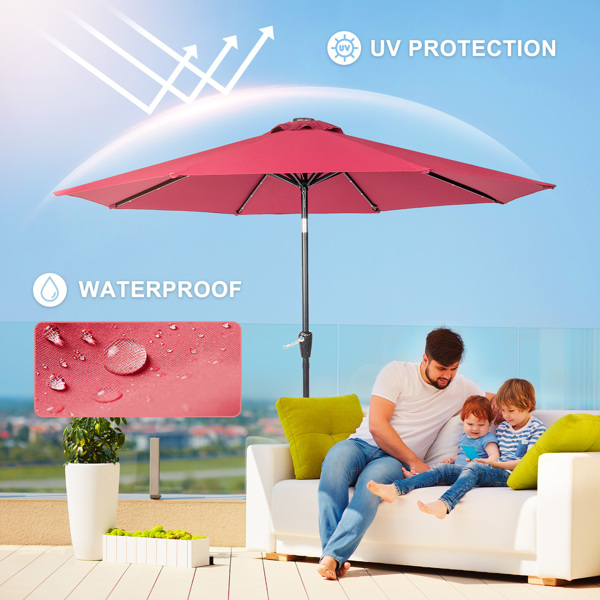 9FT  Umbrella Waterproof Folding Sunshade  Wine Red with Light（Not Included Umbrella Base）