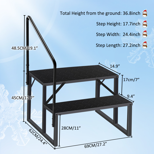 2 Step Ladder with Handrail, Swimming Pool Ladder Above Ground, 660 lb Load Capacity RV Steps with Anti-Slip Panel, Mobile Home Stairs for Reaching and Getting High