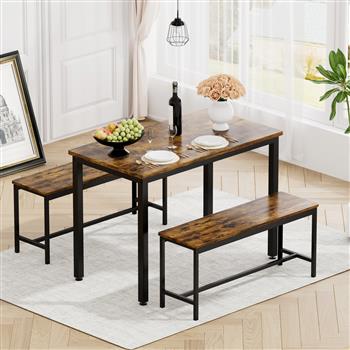 Dining Table Set, Bar Table with 2 Dining Benches, Kitchen Table Counter with Chairs, Industrial for Kitchen Breakfast Table, Living Room, Party Room, Rustic Brown and Black,43.3″L x23.6″W x 29.9″H